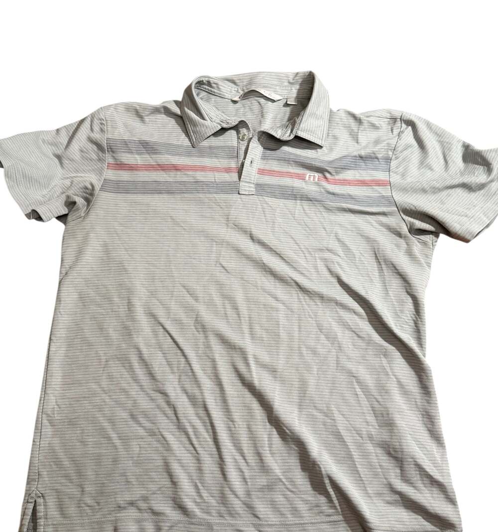 TravisMathew Men’s Gray Striped Polo Shirt Size Large Short Sleeve Golf